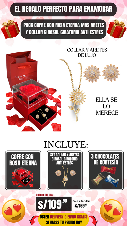 COFRE CON ROSA ETERNA + COLLAR Y ARETES DE GIRASOL GIRATORIO ANTI ESTRES